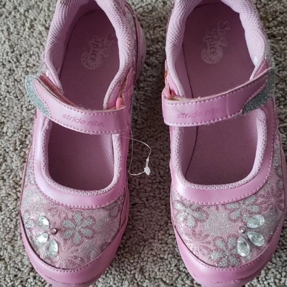Stride Rite Leather Girls Shoes Pink and Silver Floral Dress Light Up